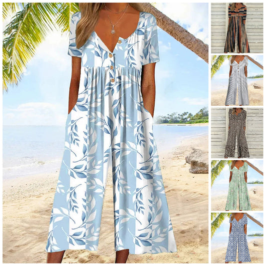 💥Sista dagen Specialförsäljning 49% rabatt💃Tryckt V-Neck sidoficka jumpsuit