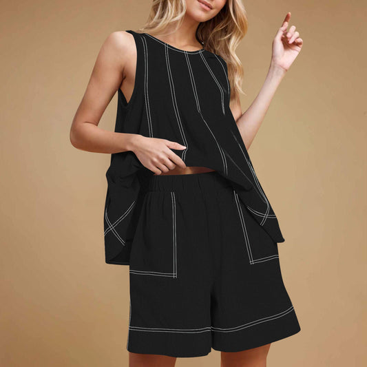 🏖️Sommar Hot Sale 49% OFF🌼Kvinnor Rundhalsat linne och shorts med hög midja Set