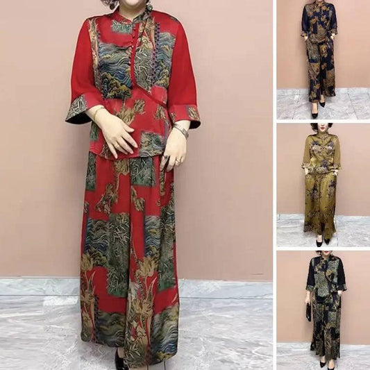 Plus Size Flowy Fashion Tryckt 2-delat set för medelålders kvinnor