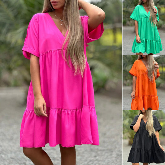 🌷BEGRÄNSAD TID ERBJUDANDE 50% RABATT🌷V Hals Ruffle Hem Babydoll Klänning
