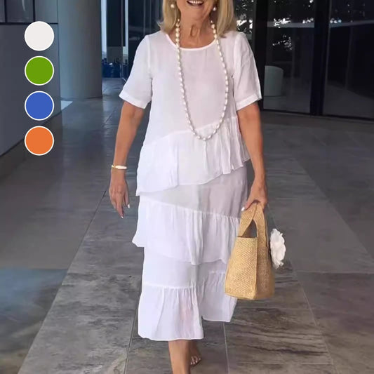 💐😍Plisserad Tiered Rund hals Solid klänning för kvinnor