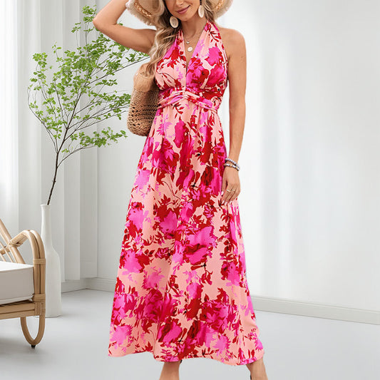 💐Boho Floral Strap V Neck Halterklänning för kvinnor✨