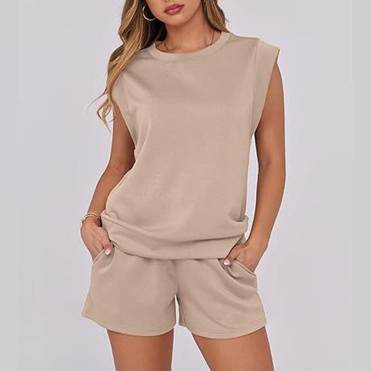 2-delat set med Crewneck-topp med kepsärm och shorts med dragsko för kvinnor