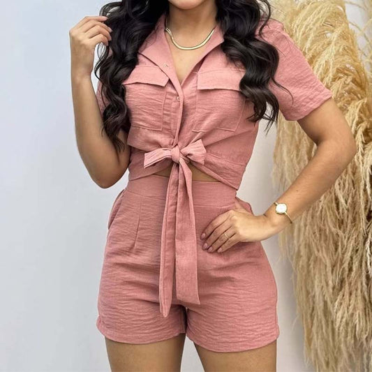Tie Lapel Pocket Short Shirt Top och Shorts Bomull och linne Tvådelat set