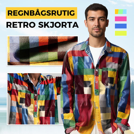 Unisex Simple Rainbow Color Plaid Vintage Printed Lapel Långärmad skjorta med fickor