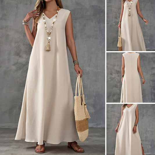Ärmlös klänning med V-ringning och sidoslits för kvinnor