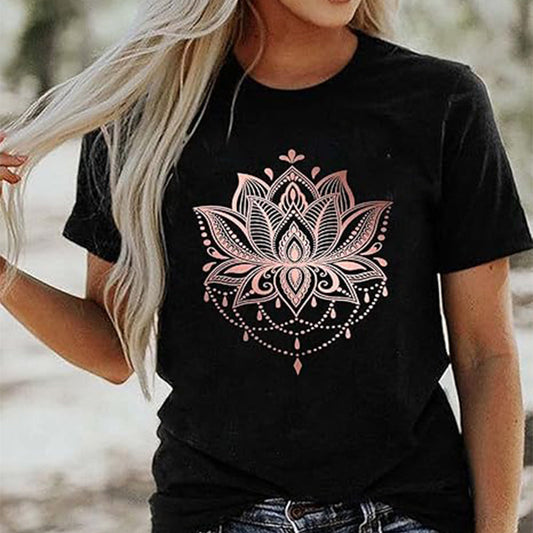 Kortärmad T-shirt med rund hals och tryck för kvinnor