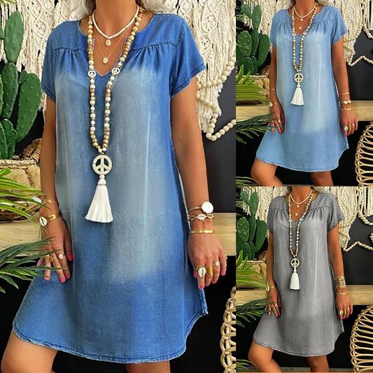 ❤️Jeansklänning för kvinnor med V-ringning och korta ärmar