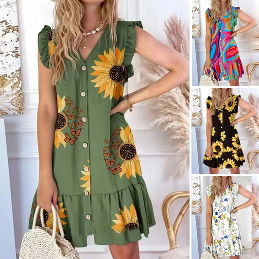 Ärmlös V-ringad miniklänning med knappar fram för kvinnor