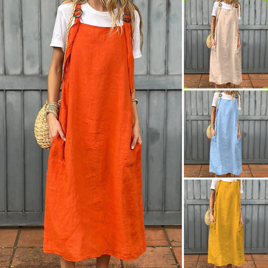 Damklänning i bomull med justerbara axelband och fickor