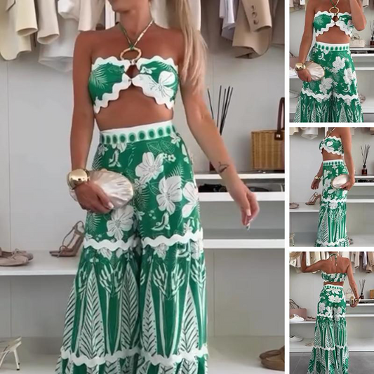 2-delat set för kvinnor: Bikiniöverdel och vida byxor med tryck