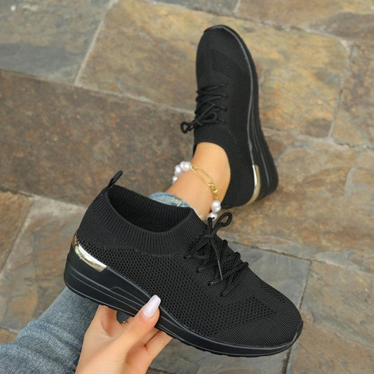 Andningsaktiva stretchstickade fotvalvsstöd fritidsskor med kilklack för kvinnor