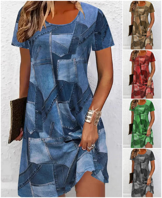 Avslappnade Klänning med Lapptäcksmönster för Kvinnor