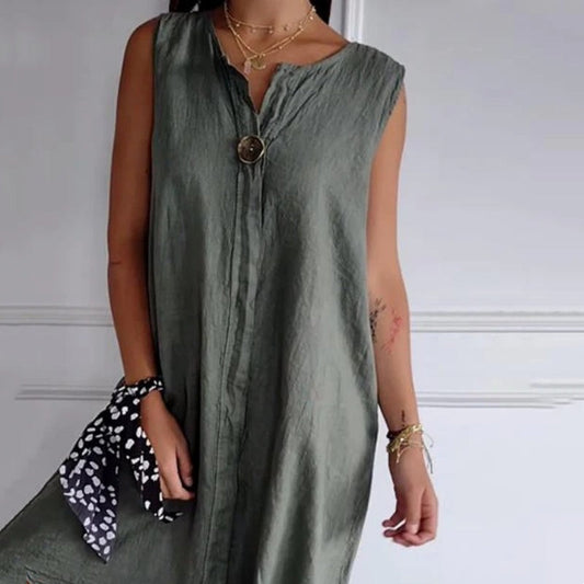 ☁️  Bekväm och andningsbar V-ringad ärmlös klänning i bomullslinne 🌸🌴