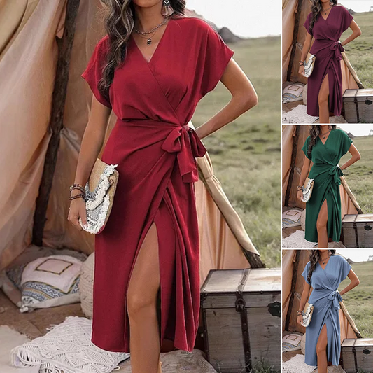 Enfärgad omlottklänning med knytband i midjan för kvinnor