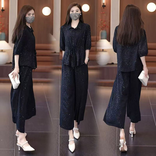 ⏳ Tidsbegränsad Special⏰Fashion Solid Color Sparkle Shirt & Wide-Leg Pants Set