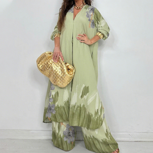 💥💥Set med lång skjortklänning och byxor med vida ben för kvinnor