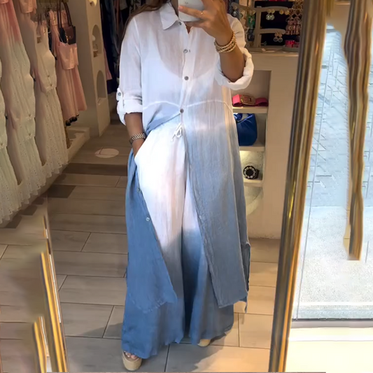 2-delat set med lång skjorta och byxor med vida ben för kvinnor