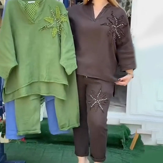 🔥✨Löst, andningsbart tvådelat set i bomull och linne för kvinnor - topp och byxor