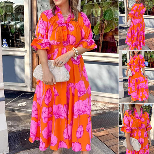 Elegant maxiklänning med volang och tryck för kvinnor