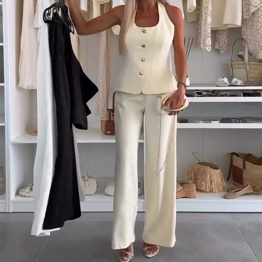 Elegant ärmlös topp och vida byxor för damer, 2-delat set