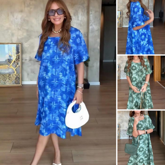 Kortärmad klänning med rund halsringning och tryck för kvinnor