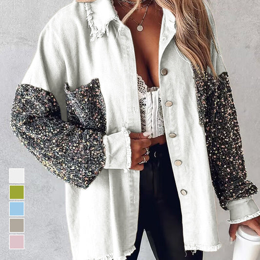 🍂Höstkampanj 50 %💕Trendig patchworkkapp med paljetter och rå kant för damer