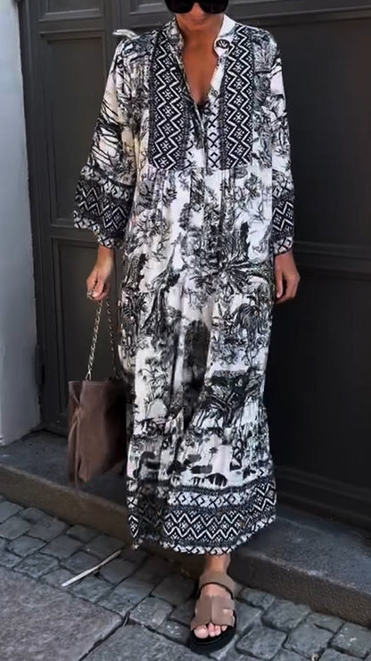 Ledig klänning med krage och tryck för damer