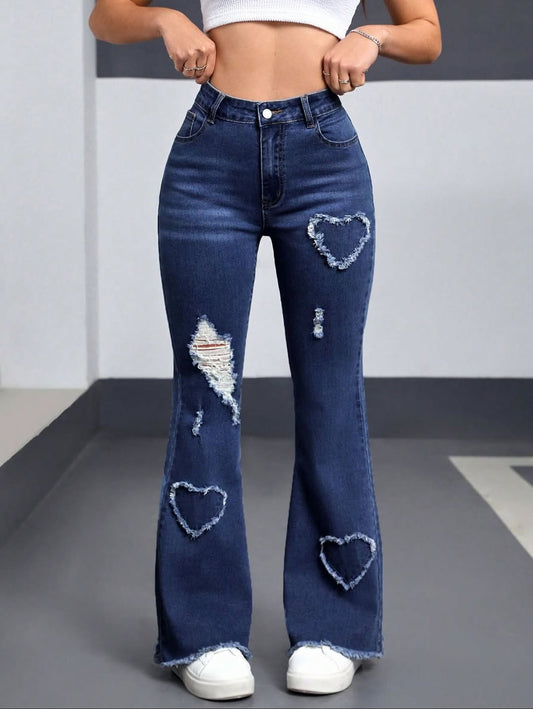 Blå hjärtan 💙 Högmidjade vintagejeans i patchwork med hjärtmotiv och slitningar