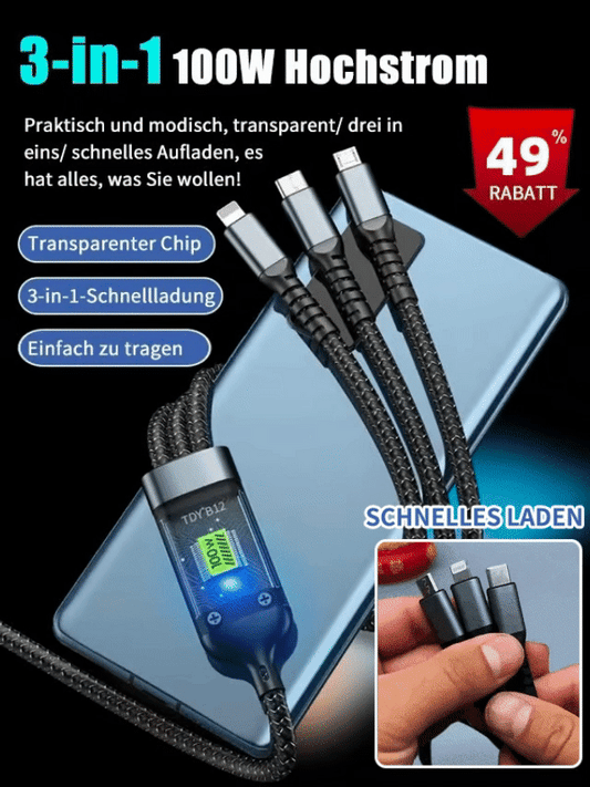 Transparent, ljus 3-i-1-datakabel med supersnabb laddning