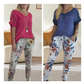 💐2-delad outfit för kvinnor - enfärgad blus och avslappnade byxor med blommigt tryck👚👖