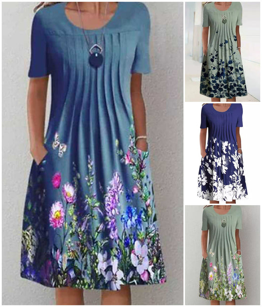 🔥👗Floral knälång klänning med rund halsringning