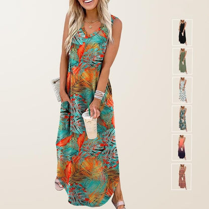 🎉Sista dagens erbjudande 50% RABATT💃2026 Sommar Boho Print Maxiklänning med V-ringning och fickor
