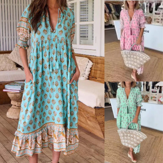 Boho blommig V hals hög midja A-Line Swing klänning