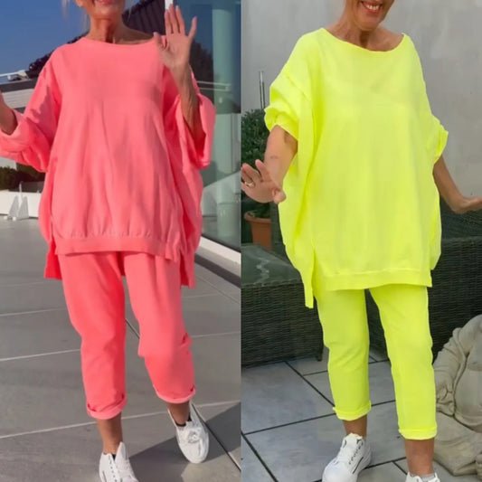 Rund hals Slits Fluorescerande färg Casual kostym för kvinnor