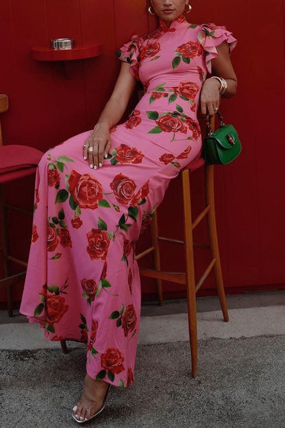 🎉Het försäljning 49% OFF🥳 Cheongsam-stil med rosablommigt tryck och flärpar i flärpar, stretchig maxiklänning
