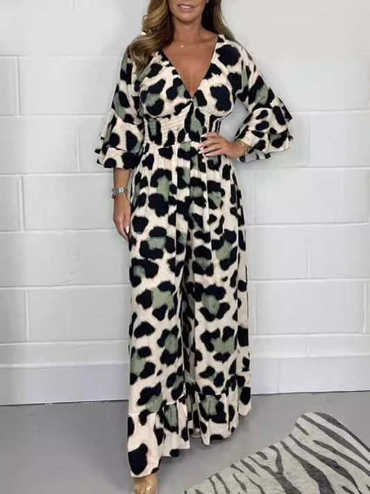 🔥Hot Sale 53% Off🍃Leopardmönstrad jumpsuit med V-ringning