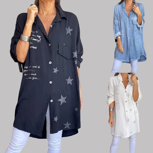 Långärmad denimblus med lösa uppslag