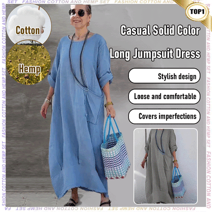 🔥 Våren 2025 Rea - 49% rabatt✨Bomull Linne Casual Solid Färg Fickor Rund hals Lång Jumpsuit