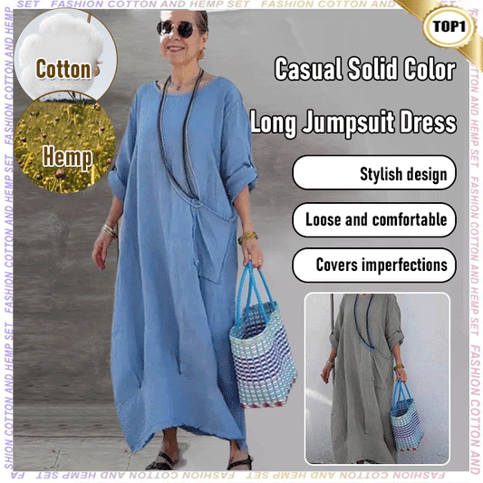 🔥 Våren 2025 Rea - 49% rabatt✨Bomull Linne Casual Solid Färg Fickor Rund hals Lång Jumpsuit