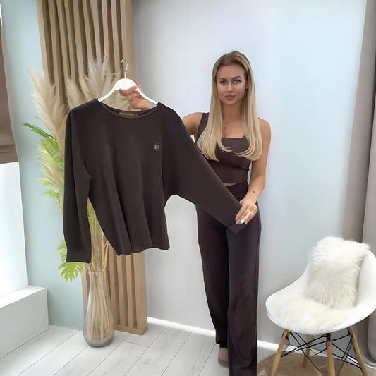 2-delat set med casual topp och vida byxor för damer