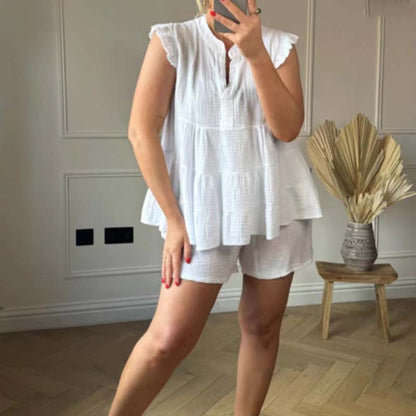 💐💟Tvådelat set med texturerade shorts med mudd och topp med flugärm för kvinnor i bomull och linne