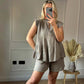 💐💟Tvådelat set med texturerade shorts med mudd och topp med flugärm för kvinnor i bomull och linne