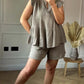 💐💟Tvådelat set med texturerade shorts med mudd och topp med flugärm för kvinnor i bomull och linne