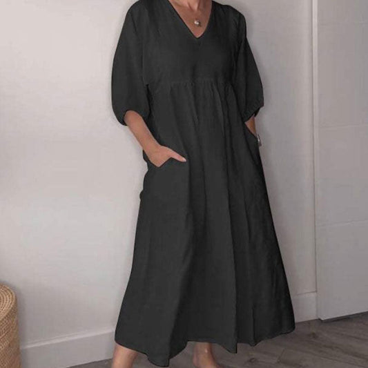 💕Begränsad tid 50% rabatt💕 Snygg V-ringad, fickförsedd, löst sittande bomulls- och linneklänning