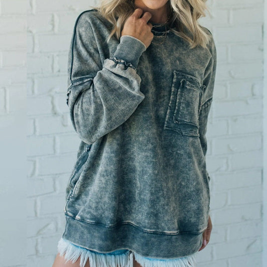 🔥Trendig, löst sittande långärmad tröja med rund hals för kvinnor☘️