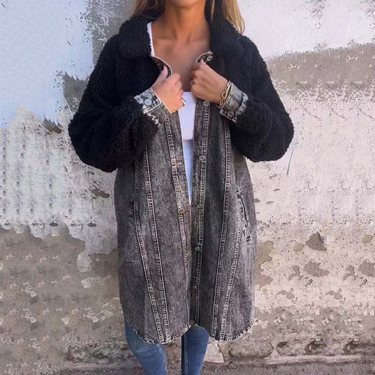 ✨💖Kvinnors lång skjortjacka i denim med sherpa-foder