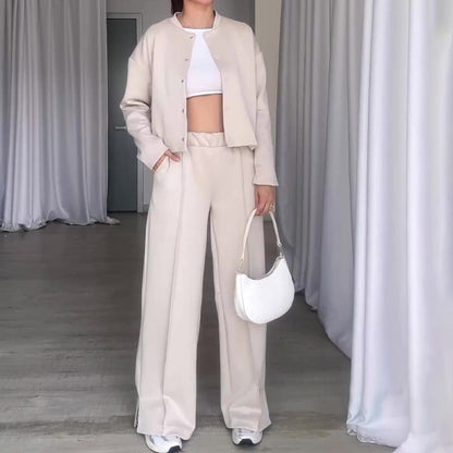 2-delat set med enfärgad jacka och lösa byxor för kvinnor