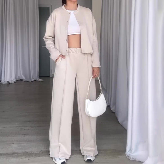 2-delat set med enfärgad jacka och lösa byxor för kvinnor