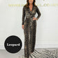 V-Neck Långärmad Leopard Zebra Jumpsuit